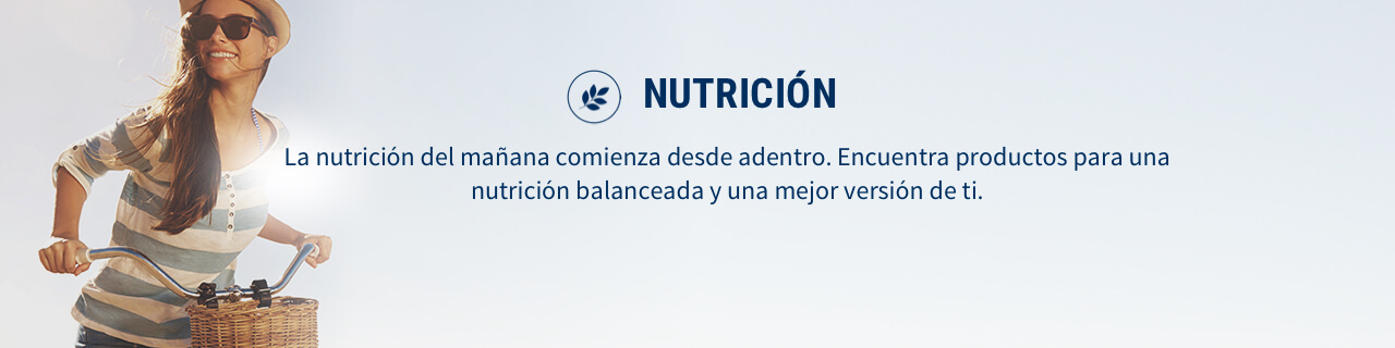 Mujer manejando bicicleta junto al título de nutrición y el icono Nutrilite, línea de suplementos y bebidas energizantes.
